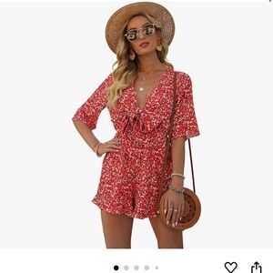 AIMCOO Women's Half Sleeve Tie Knot Front Romper Floral Print Deep V